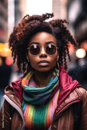 African American woman wearing sunglasses is being portrayed in the middle of a busy city street. © visoot