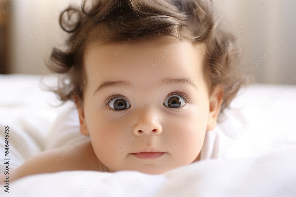 Beautiful baby girl looking at camera on a light beige blanket at home. Beautiful baby girl looking at camera on a light beige blanket at home.
