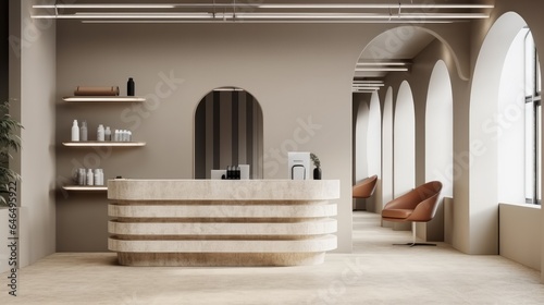 Luxury hairdressing and beauty salon, Beige modern barbershop interior with reception desk.