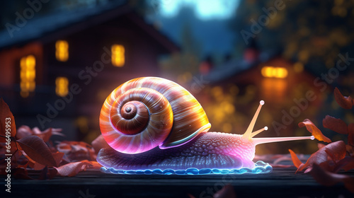 snail neon shell house forest autumn walk, with generative ai