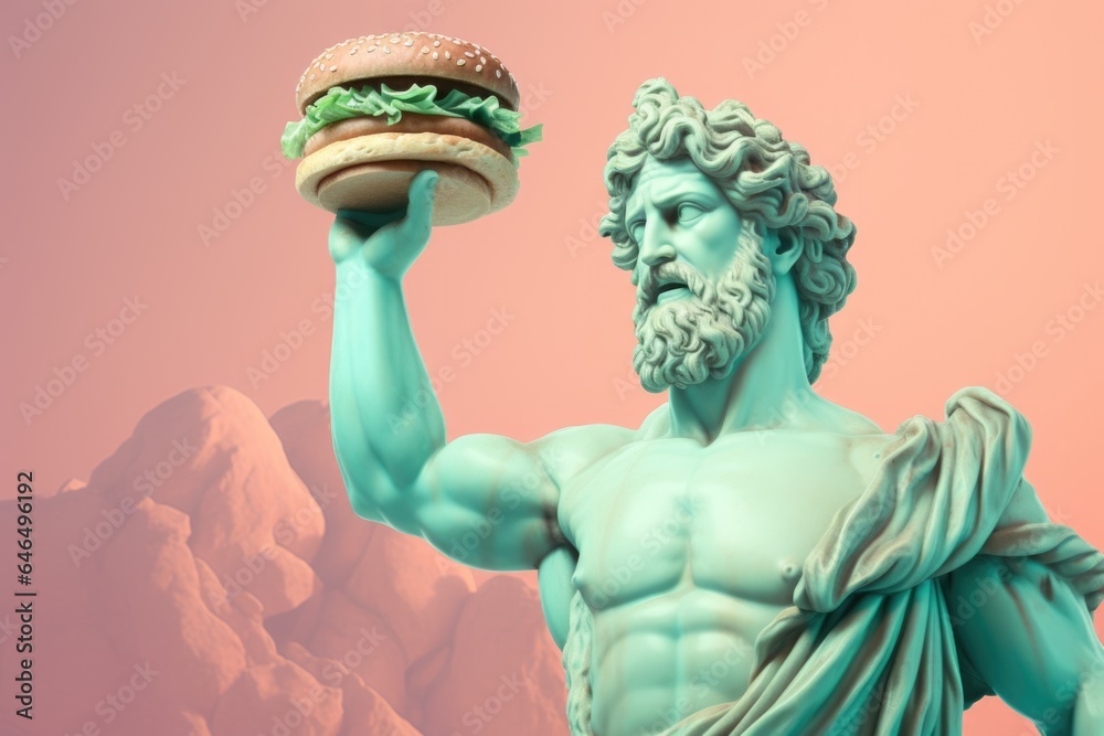 Naklejka premium Greek green sculpture of Zeus with a large hamburger in his hand on a pink background.