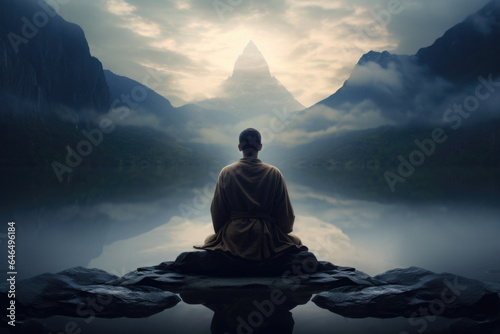 Buddhist Man Meditating on Rock by Water and Mountains, Generative AI