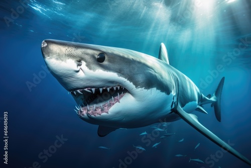Formidable toothy shark swimming in the background of the ocean  close-up.