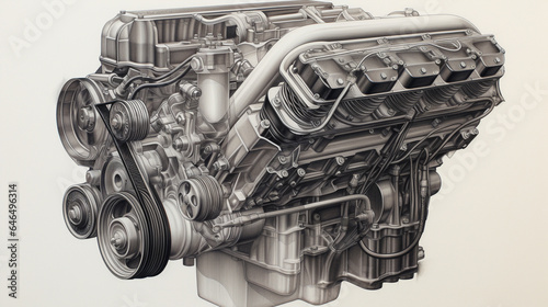 blueprint style technical drawing and illustration of a v8 engine gas powered 