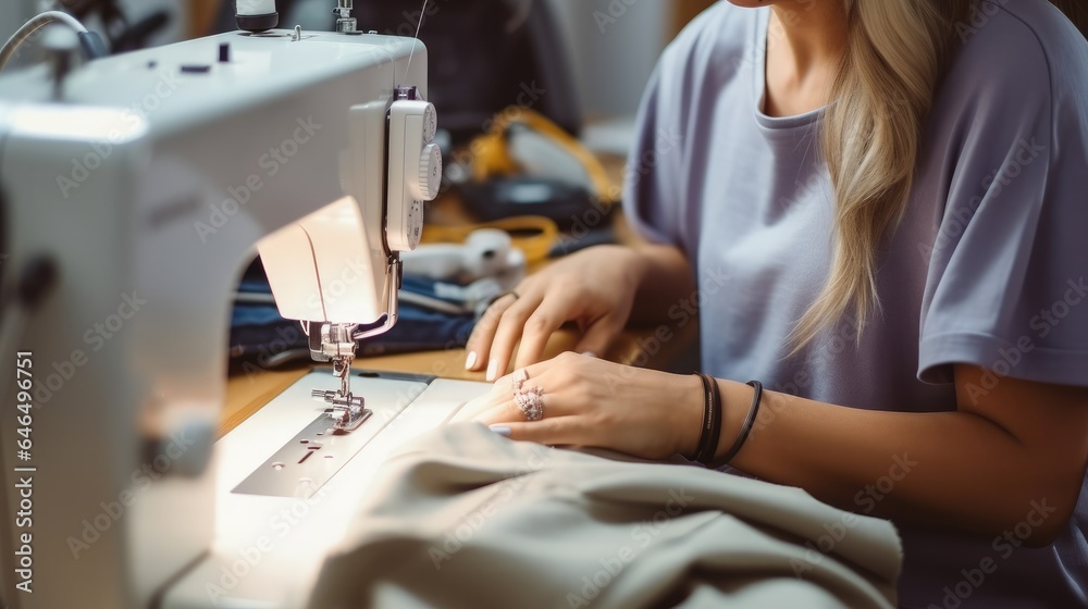 Beautiful female design using sewing machine in workshop.