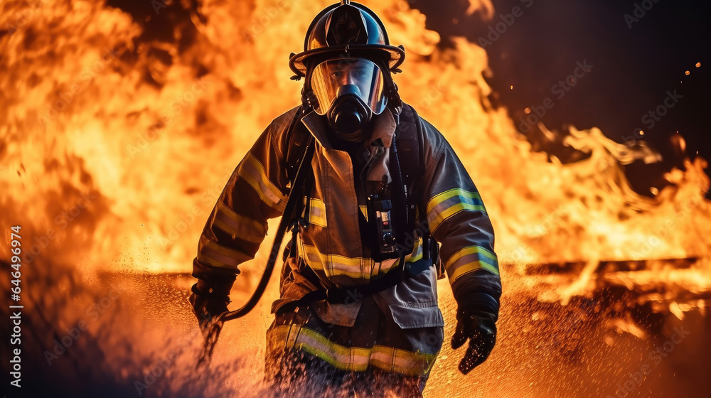 Fireman wearing suit for safety using water and extinguisher to fighting with fire flame. Fireman wearing suit for safety using water and extinguisher to fighting with fire flame.