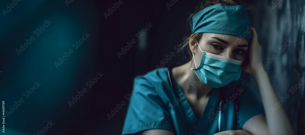 Tired and depressed nurse with face mask having a burnout - obrazy, fototapety, plakaty 