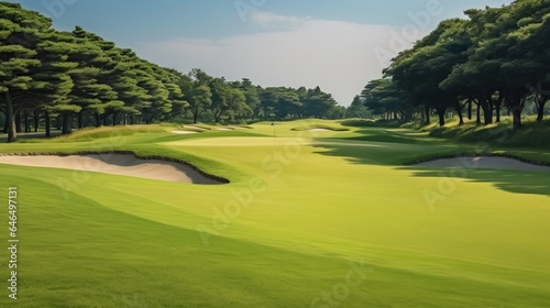 Golf green with fresh green grass field and bunkers in afternoon sunlight.