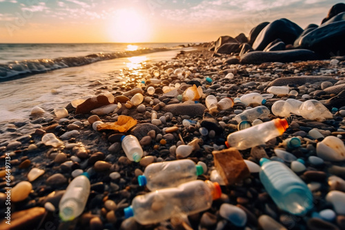 Plastic bottles and waste washed up on a beach, sea pollution