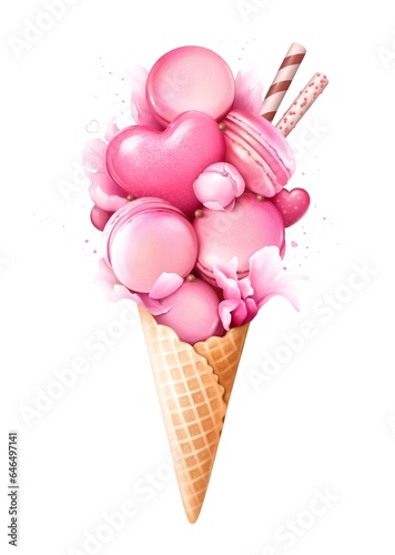 Digital illustration of hand painted pink sweet ice cream