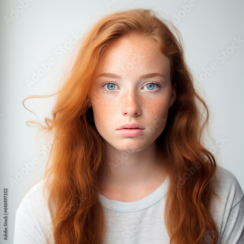 Close-up portrait of a beautiful red-haired young girl on a white background. Studio shooting with soft light. A young woman with bright eyes without a smile.
