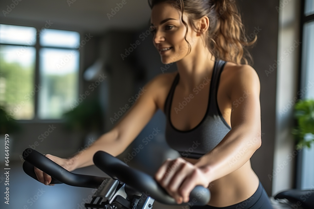 Fototapeta premium Empowered Woman Pursuing a Healthy Lifestyle Cardiovascular Workout on Stationary Exercise Bike at Home or Gym. created with Generative AI