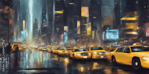Oil painting, night taxis. Generative AI.