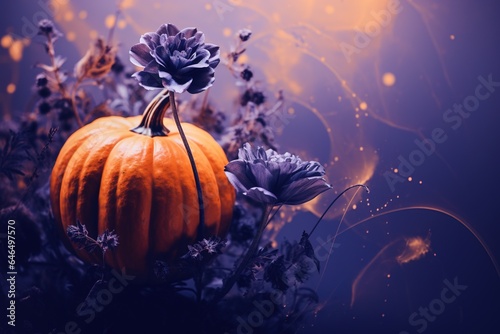 Generative AI  Halloween duotone background with flowers and pumpkin