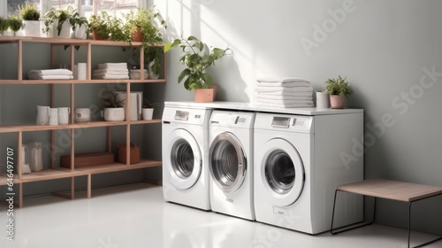 Laundry room with washing machine in modern house.