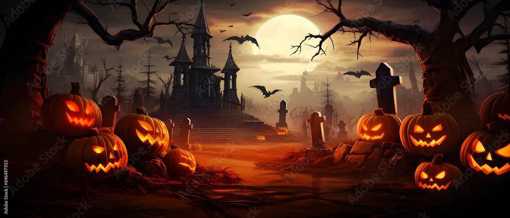 Pumpkin zombie Rising Out Of A Graveyard cemetery and church In Spooky scary dark Night full moon bats on tree. Holiday event halloween banner background concept.