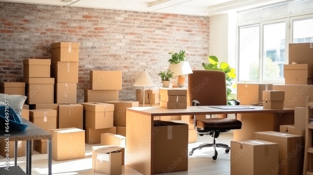 Moving day, Cardboard boxes in new office.