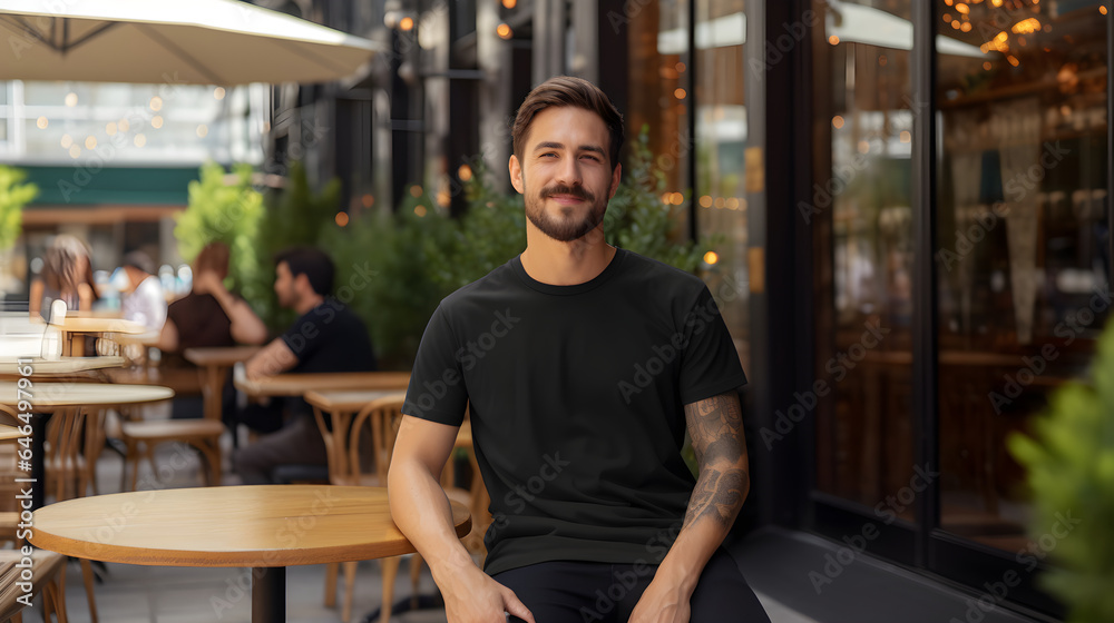 Young man wearing bella canvas black t shirt and jeans, at a cozy restaurant on summers day, Design tshirt template, print presentation mockup, Generative AI Young man wearing bella canvas black t shirt and jeans, at a cozy restaurant on summers day, Design tshirt template, print presentation mockup, Generative AI