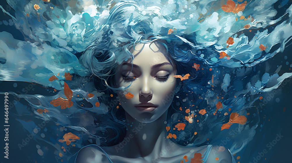 Water element - serenity. A woman with closed eyes in a peaceful state of mind letting go in a water flow. Generative AI. - obrazy, fototapety, plakaty 