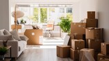 Office filled with cardboard boxes, Moving day.