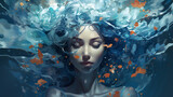 Water element - serenity. A woman with closed eyes in a peaceful state of mind letting go in a water flow. Generative AI.