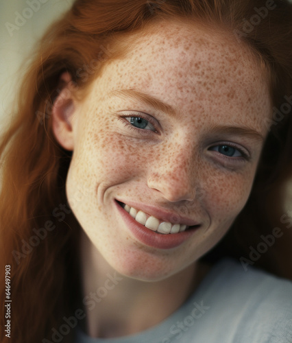 Portrait of beautiful young smiling redhead woman with freckles. Natural beauty.