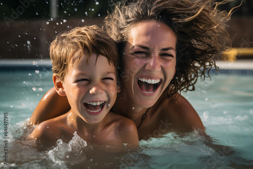 Mother and child swim joyfully in pool