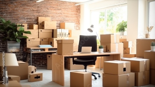 Office filled with cardboard boxes, Moving day. © visoot