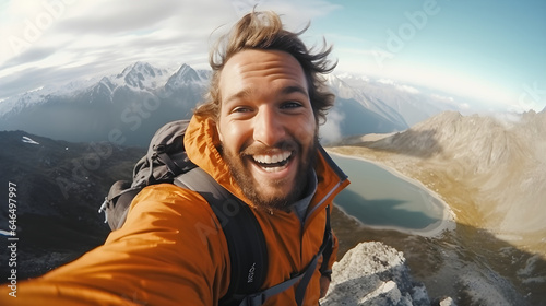 Young hiker man taking selfie portrait on the top of mountain Happy guy smiling at camera Tourism, sport life style and social media influencer concept