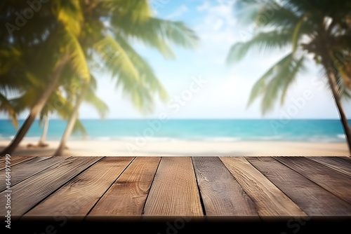 Wooden table over blur tropical beach background, product display montage, generative AI