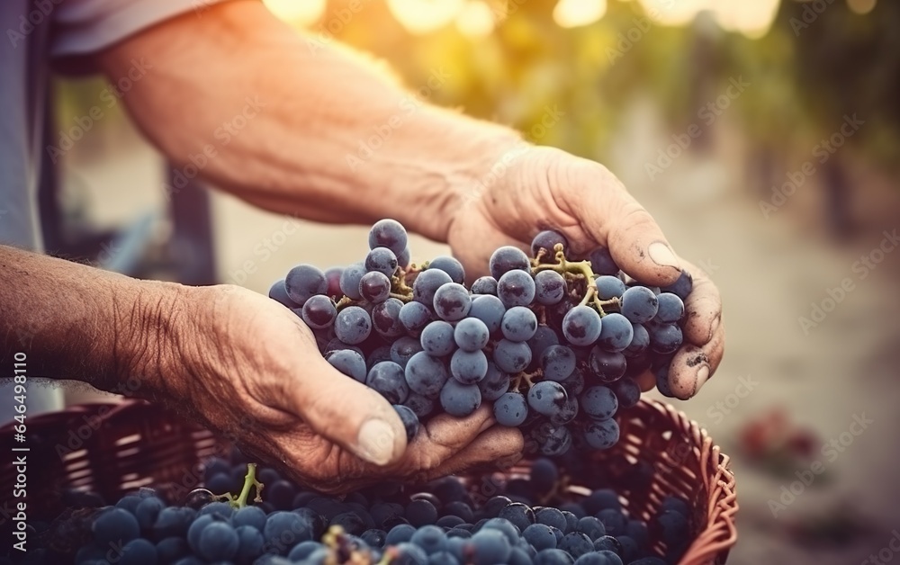 Farmer male hands picking grape grapes harvest. AI, Generative AI - obrazy, fototapety, plakaty 