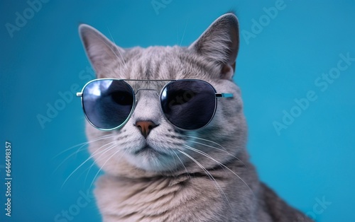 Fashion cat in sunglasses blue background. AI, Generative AI
