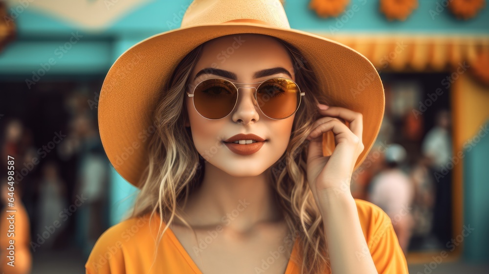 Fashion woman in a beret and sunglasses standing on the city street.