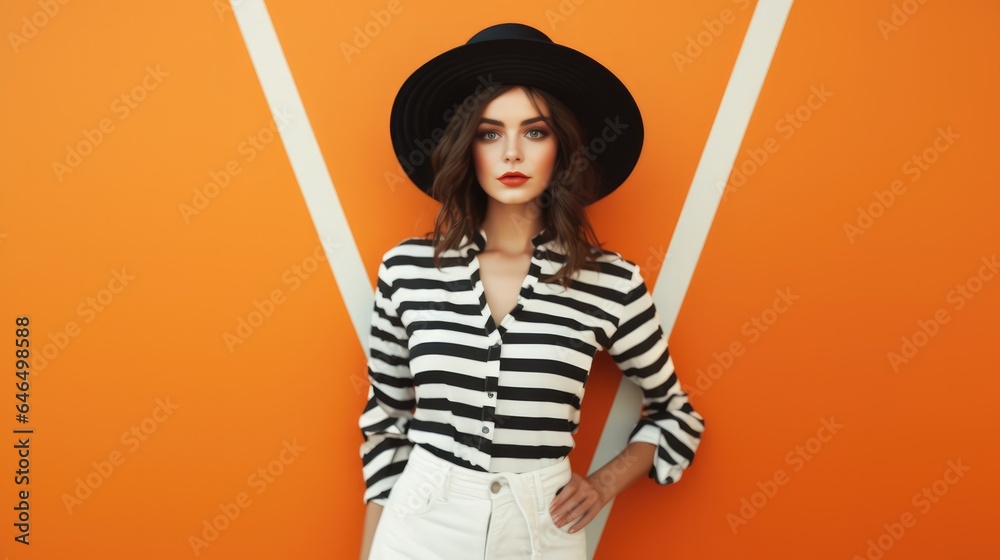 Fototapeta premium Portrait of beautiful woman wearing a white striped shirt posing on orange background.