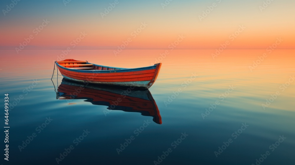A lonely empty wooden boat is reflected in calm water. calm reflection, mirror of nature. 
