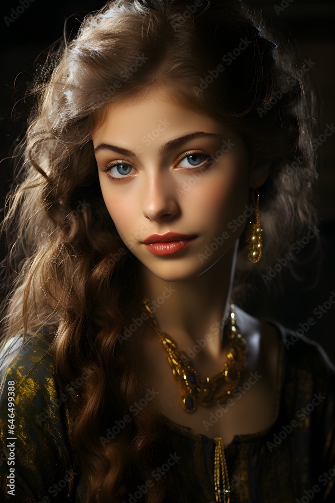 A young brunette beauty with blue eyes and a necklace posing for a photo. AI-generated image A young brunette beauty with blue eyes and a necklace posing for a photo. AI-generated image