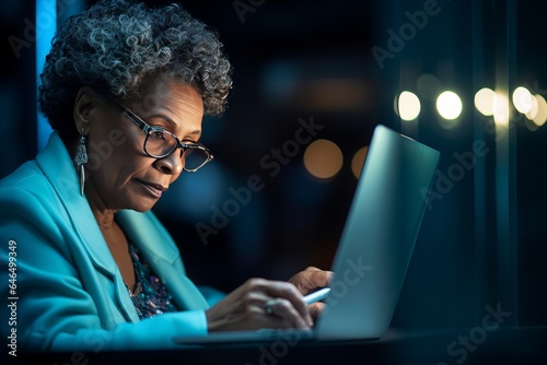 Focused older black woman in glasses working on computer. Blue reflection on his glasses and everywhere