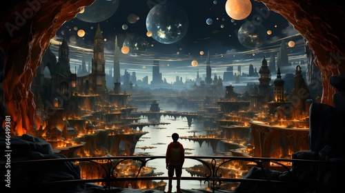 A man finds himself in a dreamworld looking at an alien city with planets and moons in the background.