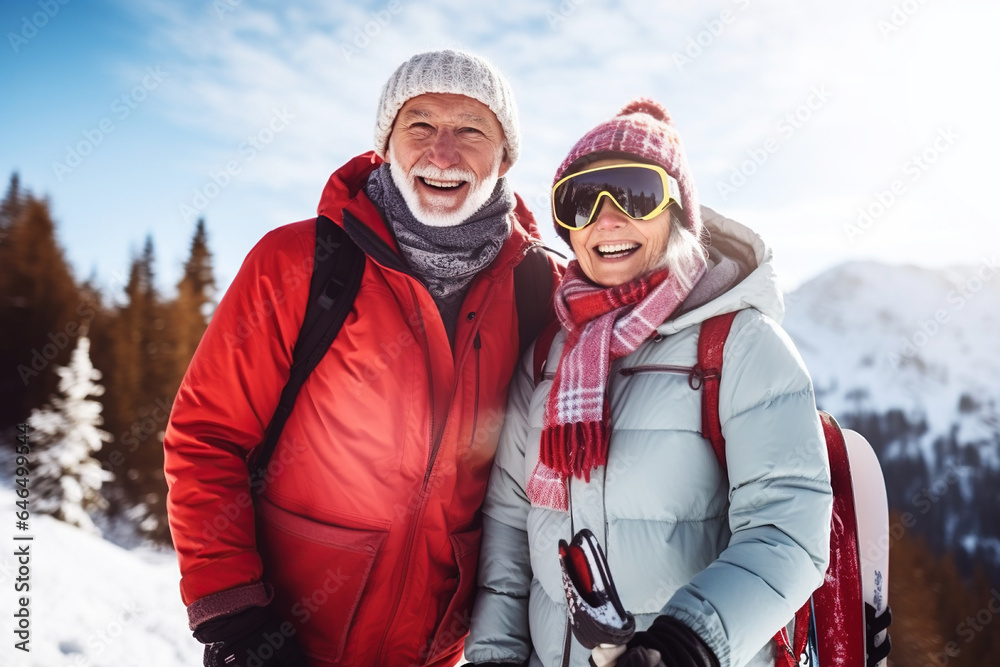 Family happy age couple or friends in winter clothes on the background of snowy mountains Family happy age couple or friends in winter clothes on the background of snowy mountains