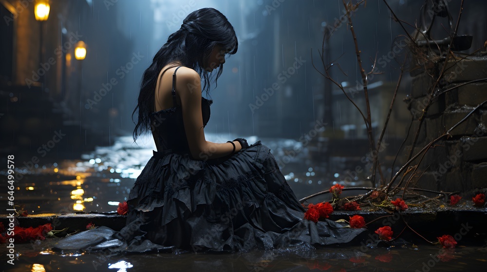 A heartbroken woman in a black dress kneeling in a dirty ally with roses at her feet.