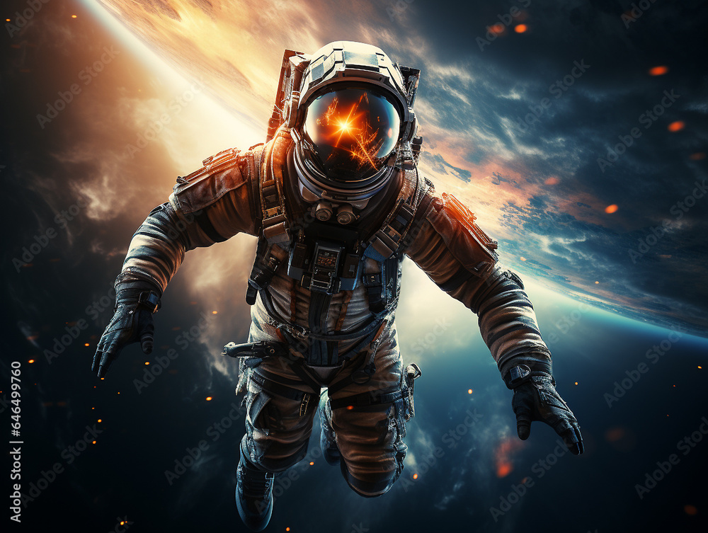 An astronaut in a spacesuit flying against the backdrop of the planet Earth in space, weightlessness, outer space. Space man astronaut in space on a background of the blue planet Earth. Generative AI