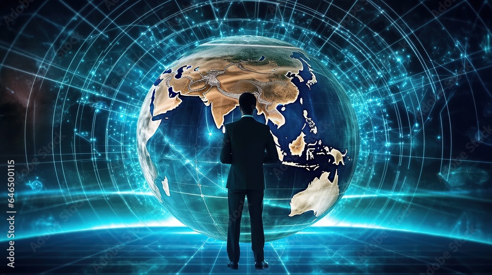 Businessman look analytic digital circuit graphic technology. AI generated image Businessman look analytic digital circuit graphic technology. AI generated image