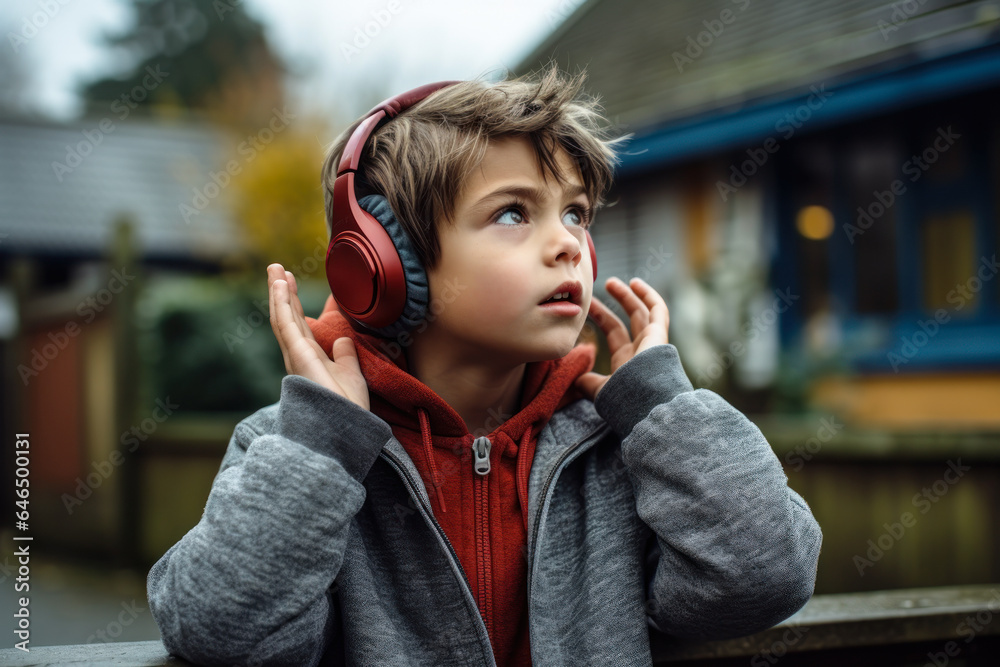 surprised boy in headphones listening to music generative ai
