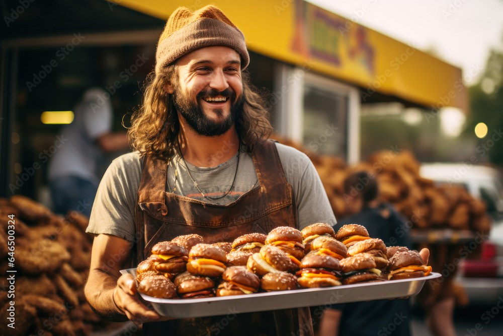 burger fair, juicy burgers on tray generative ai burger fair, juicy burgers on tray generative ai