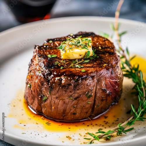 fresh grilled steak with butter and herbs on a white plate