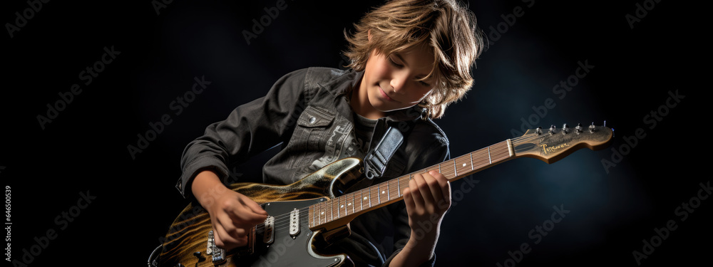 Fototapeta premium Teenage boy playing guitar on dark background