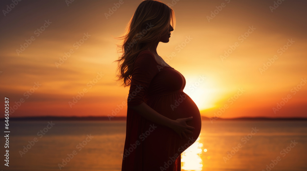 An expectant mother captured in an artistic silhouette against a sunset An expectant mother captured in an artistic silhouette against a sunset