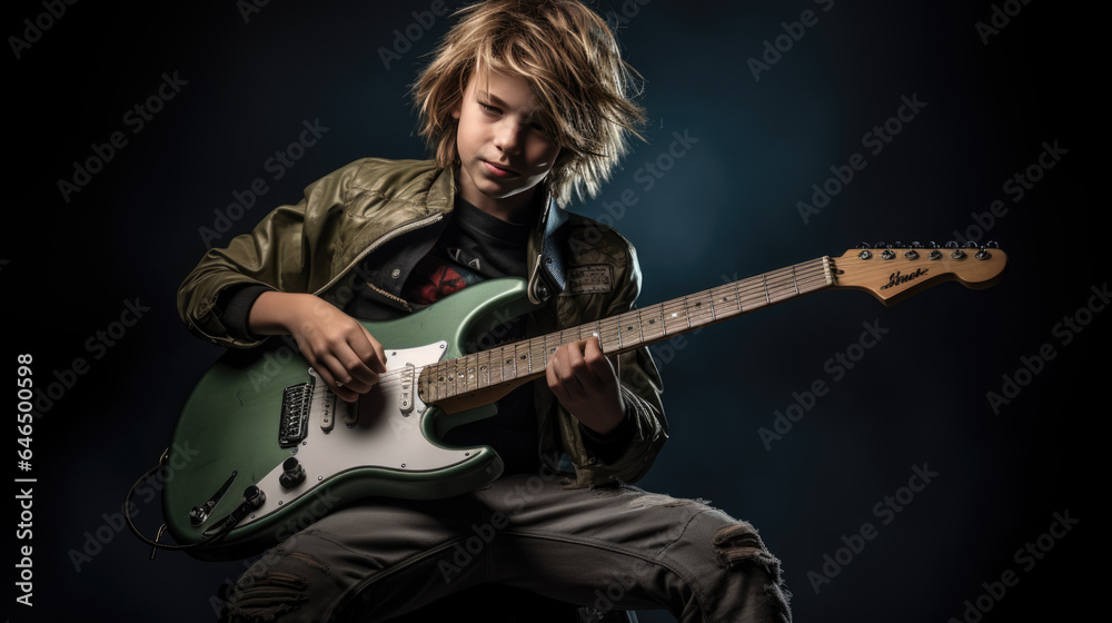 Teenage boy playing guitar on dark background Teenage boy playing guitar on dark background