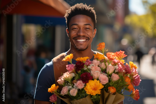a guy with a bouquet of flowers is waiting for a girl generative ai © Fukume