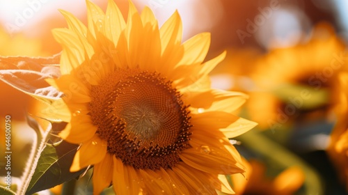 Close-up of sunflower on the golden background with sunlit photo